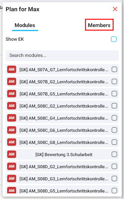 Kontextmenü des Plans mit markiertem Reiter "Members"