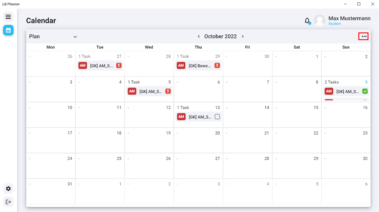 Calendar with context button, marked in red