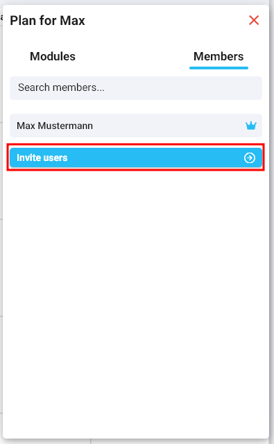 Tab "Members" inside the context menu with button "Invite users" marked in red